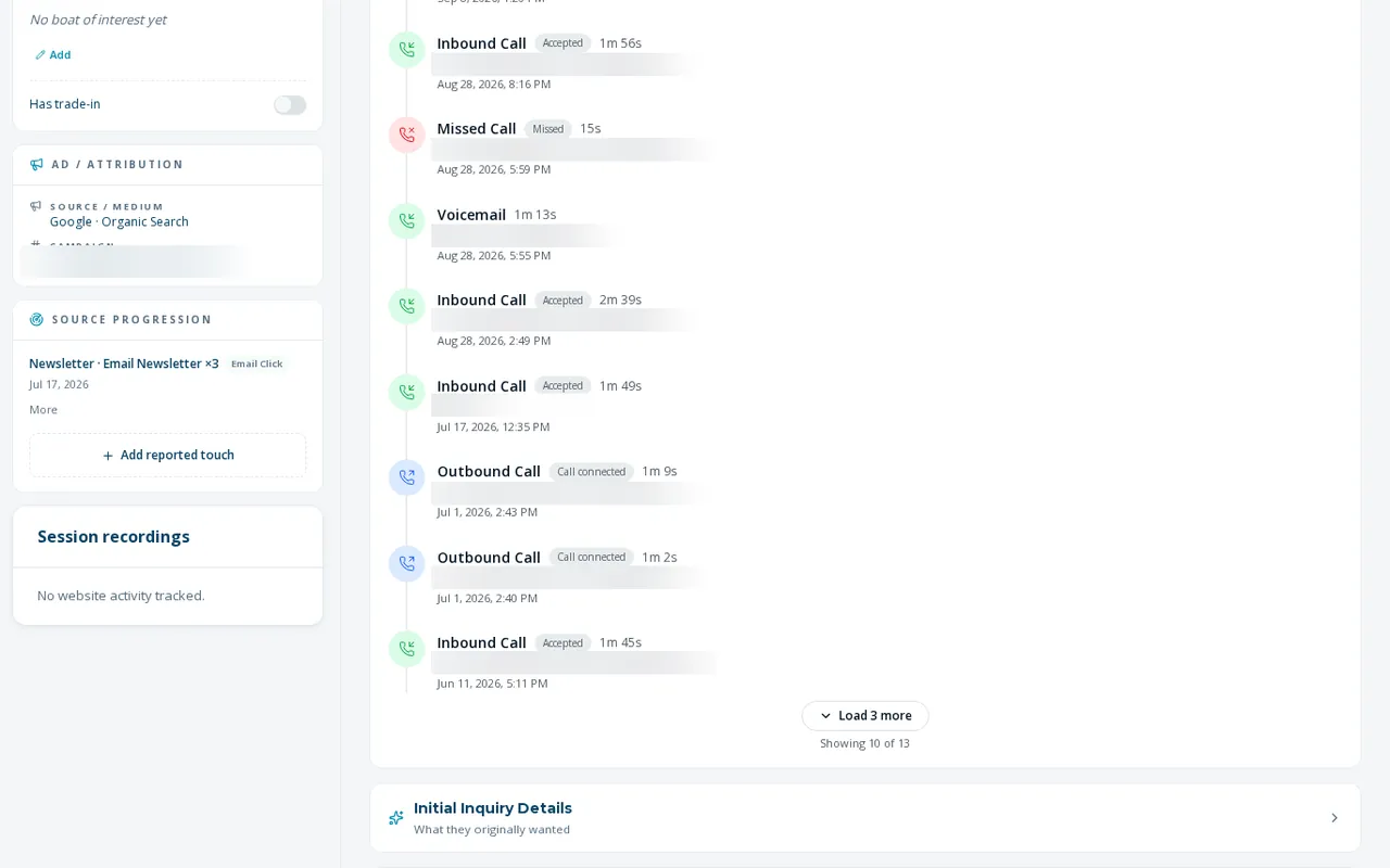 BoaterOS lead file: attribution, source progression and call timeline (personal details blurred)