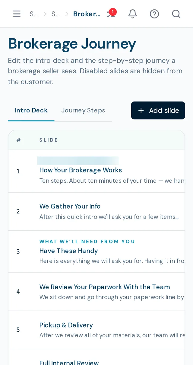 BoaterOS brokerage journey on mobile: the intro deck and step-by-step slides a brokerage seller sees