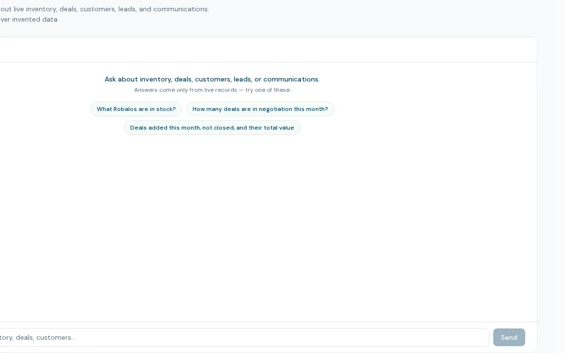 BoaterOS Ask: a plain-English question box with example questions, answered only from live dealership records