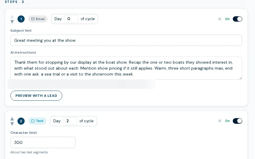 BoaterOS follow-up sequence editor: timed email and text steps with AI instructions and preview