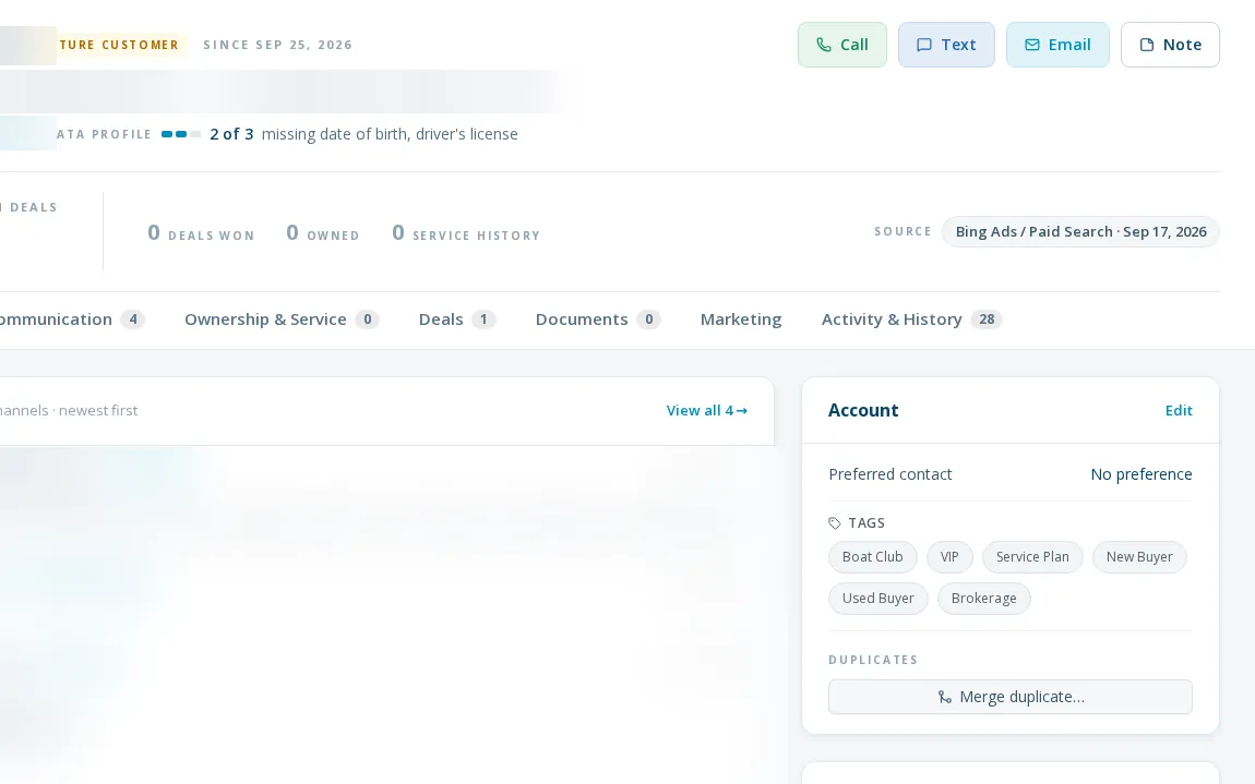 BoaterOS customer file: tabs for communication, ownership and service, deals and documents, with source, tags and consent (personal details blurred)