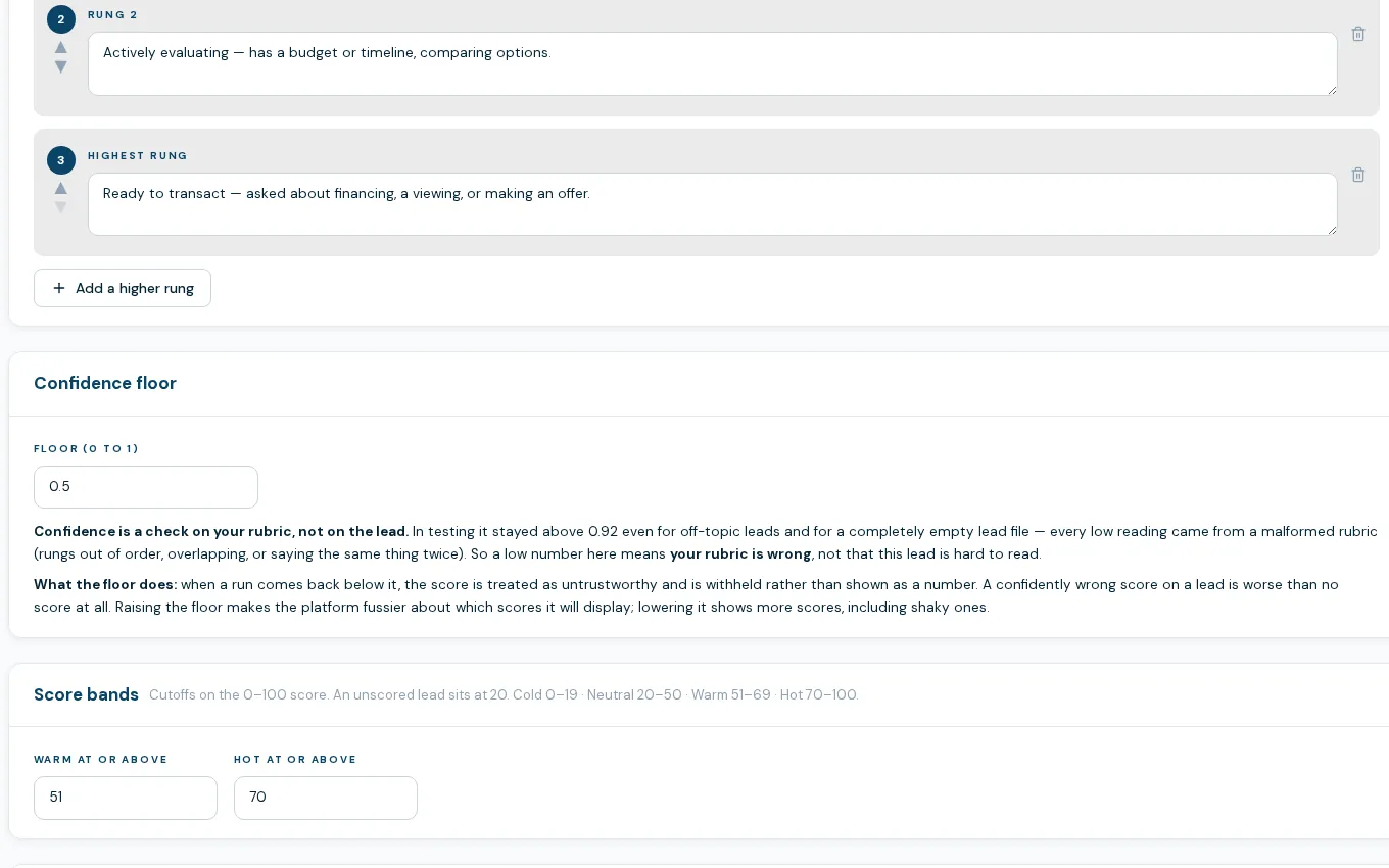 BoaterOS lead scoring rubric: ordered buyer-readiness rungs, confidence floor and score bands