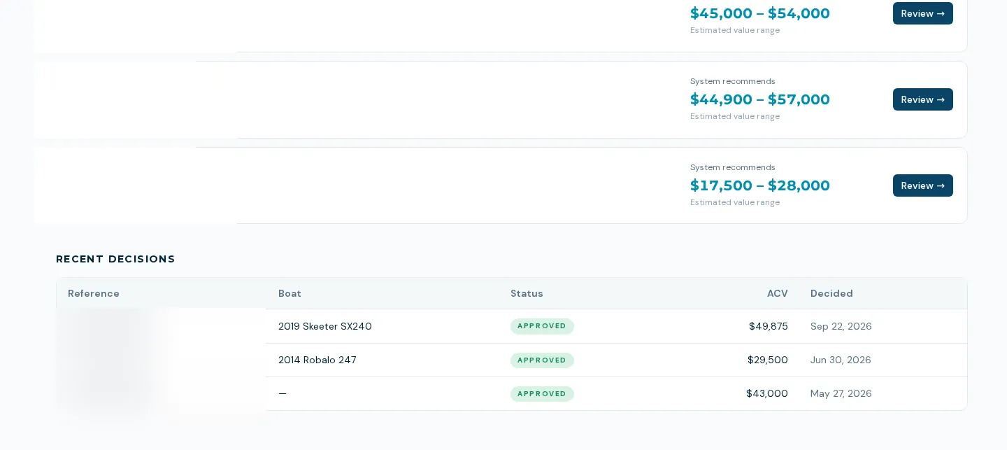 BoaterOS trade-in queue: system-recommended value ranges awaiting review, with recent decisions