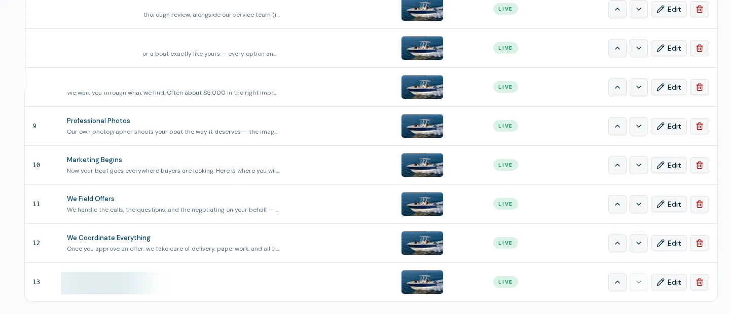 BoaterOS brokerage journey settings: ordered seller-journey slides with status and reorder controls