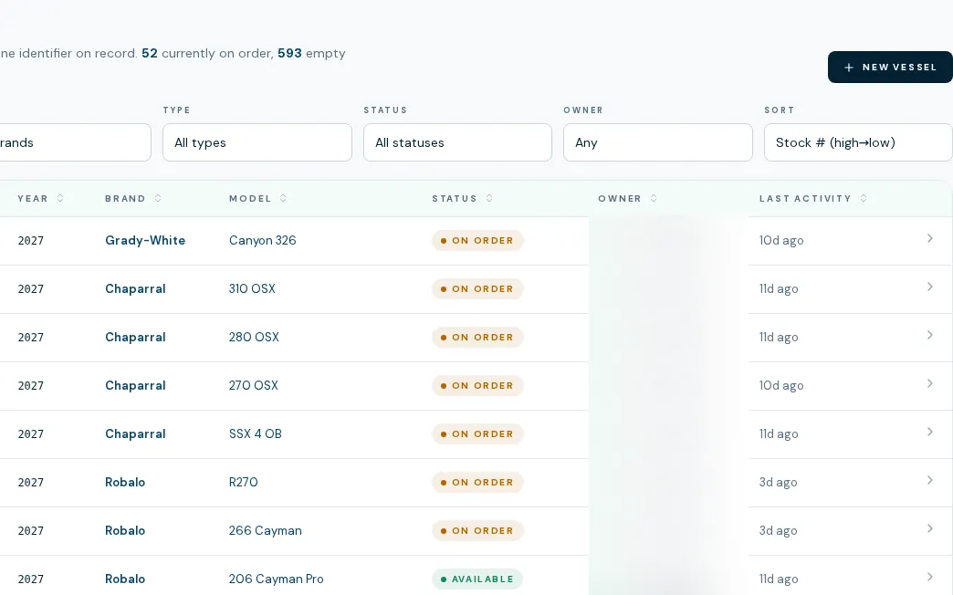 BoaterOS inventory list: vessels by year, brand, model, status and last activity