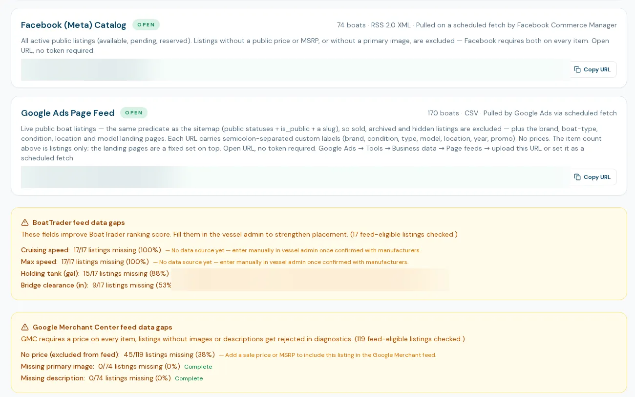BoaterOS marketplace feeds: catalog and page feeds with data-quality gaps per channel