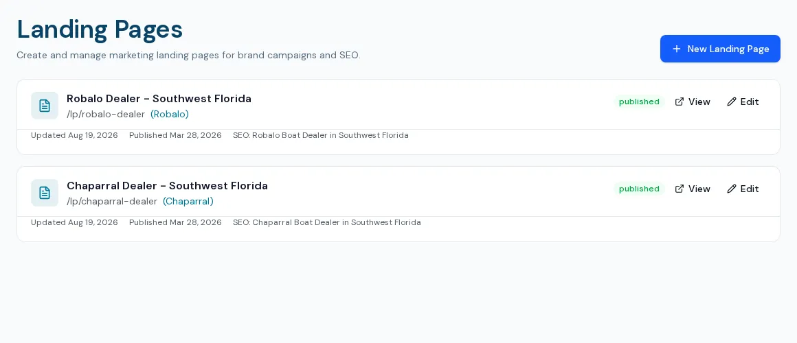 BoaterOS landing pages: brand campaign pages with publish status and SEO titles