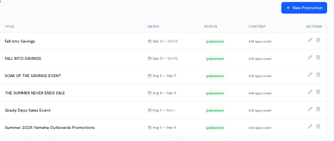 BoaterOS promotions: manufacturer promotions with dates, publish status and content approval