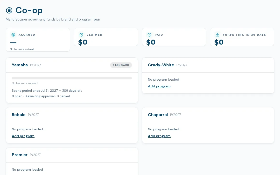 BoaterOS co-op tracker: manufacturer advertising funds by brand and program year