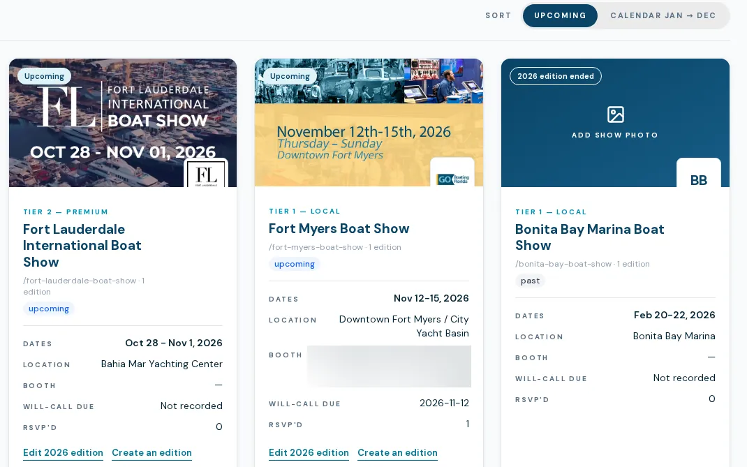 BoaterOS boat shows: upcoming shows by tier with dates, location and RSVP counts