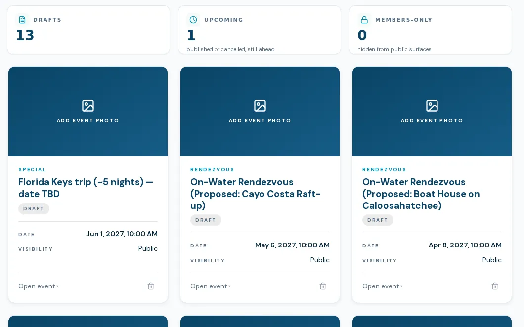 BoaterOS boat club events: draft and upcoming event cards with date and visibility