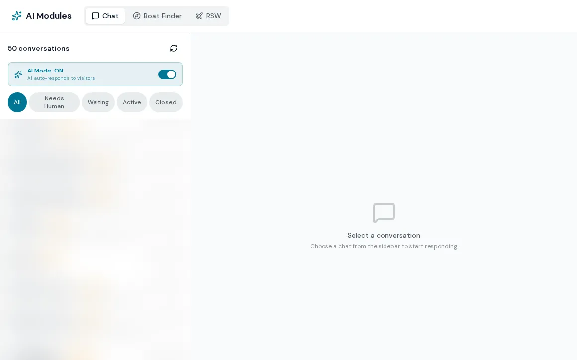 BoaterOS AI modules: chat, boat finder and RSW tabs with AI mode toggle and conversation filters (visitor conversations blurred)