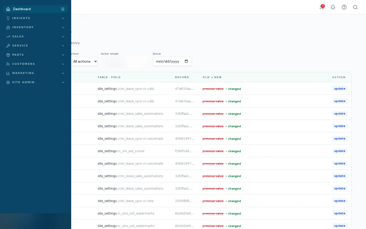 BoaterOS audit trail: filterable log of changed records with table and field, record id, old to new value and action