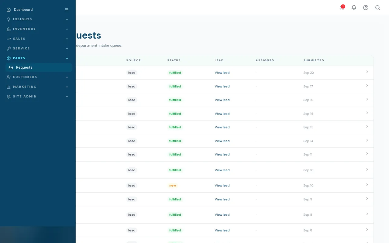 BoaterOS parts request queue: source, status, linked lead, assignee and submitted date