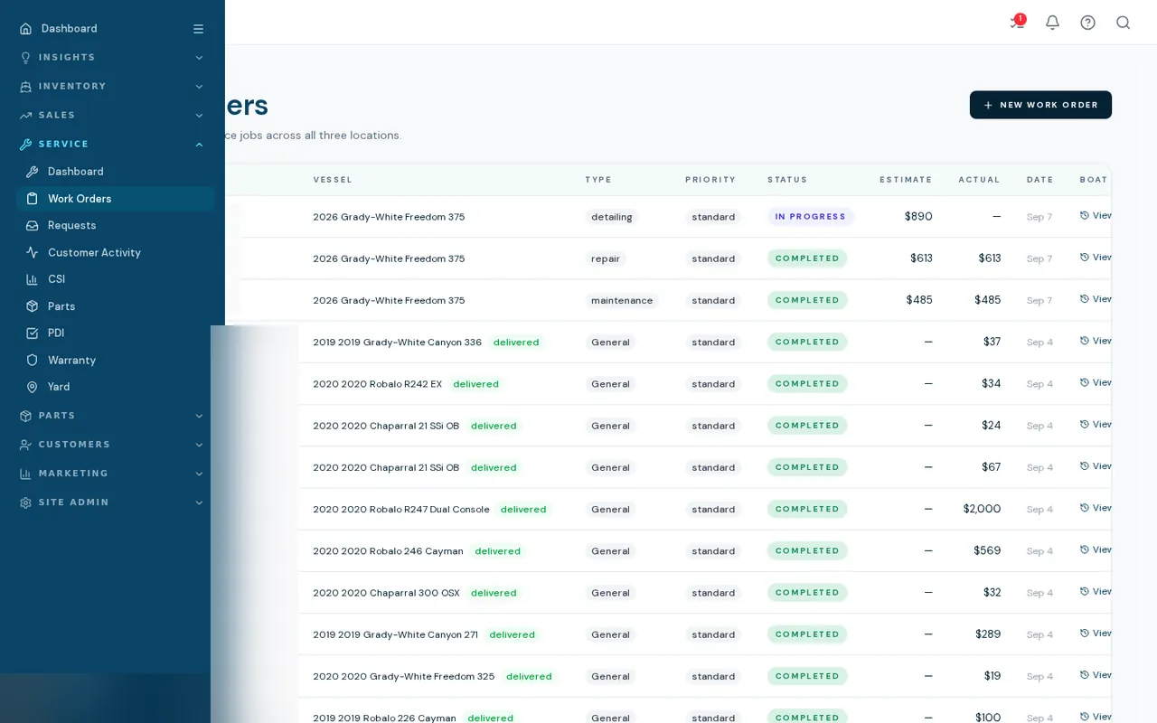 BoaterOS service work orders: vessel, job type, priority, status, estimate, actual and date
