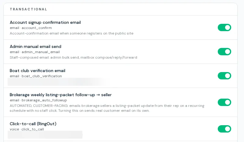 BoaterOS communication controls: per-trigger on/off switches for transactional and customer-facing automated messages