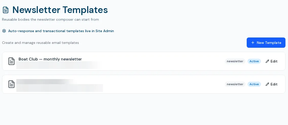 BoaterOS newsletter templates list with type and active status (subject lines blurred)