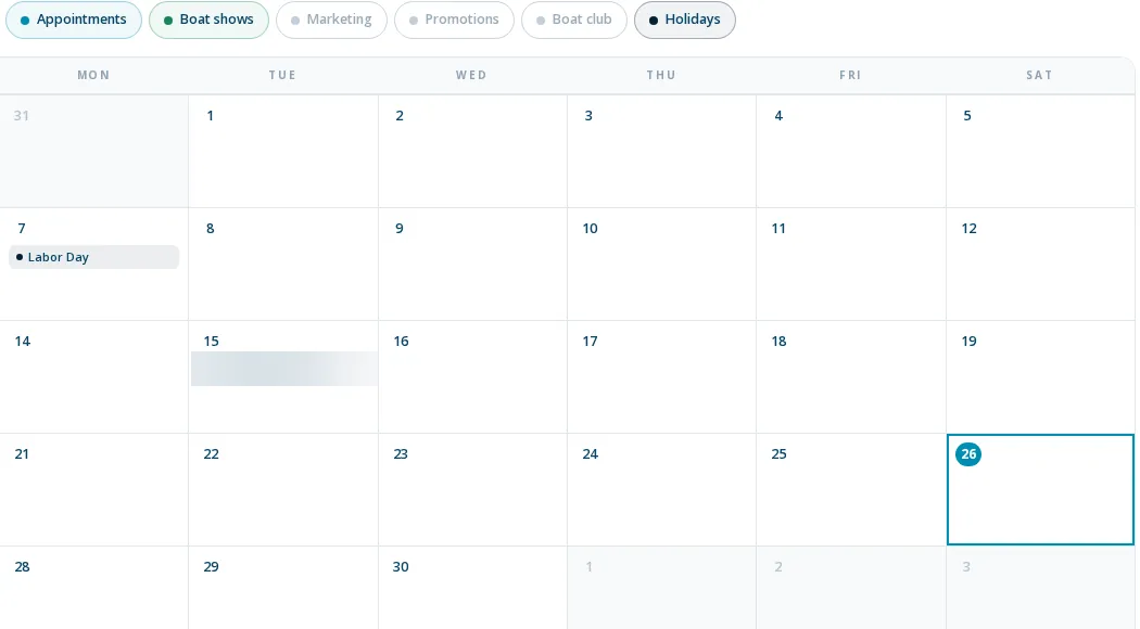BoaterOS team calendar: month view with appointments, boat shows, marketing, promotions, boat club and holidays filters